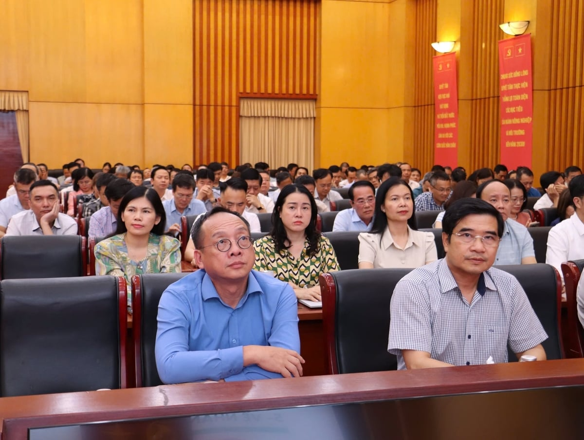 Phó Bí thư chuyên trách Đảng ủy Bộ Ngô Hồng Giang chủ trì Hội nghị tại điểm cầu trực tuyến của Đảng ủy Bộ Nông nghiệp và Môi trường. Ảnh: Nguyễn Thủy.